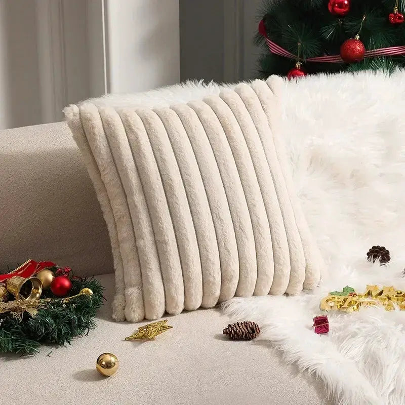 Faux rabbit fur cushion cover in ivory with ribbed plush texture for sofa