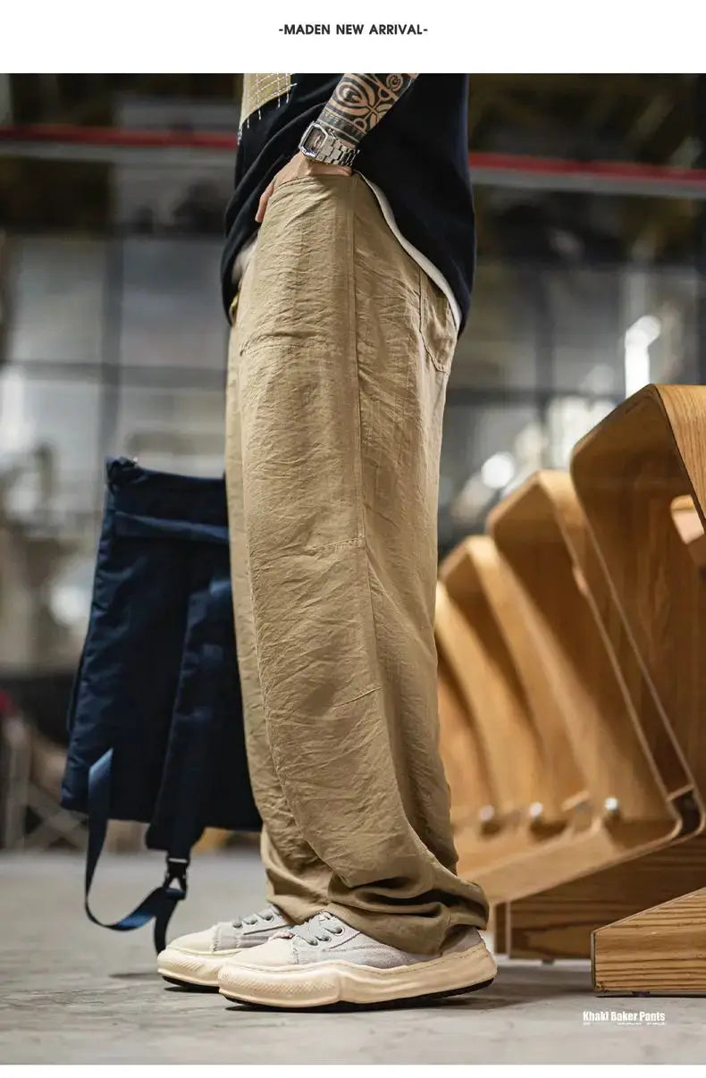 Maden men's linen-blend khaki chino pants with elastic waist