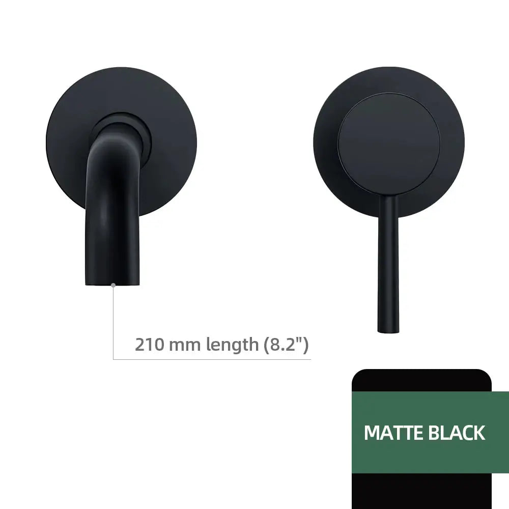 Basin faucet wall-mounted bathroom mixer in matte black brass finish, single-handle hot/cold water, 210 mm long.