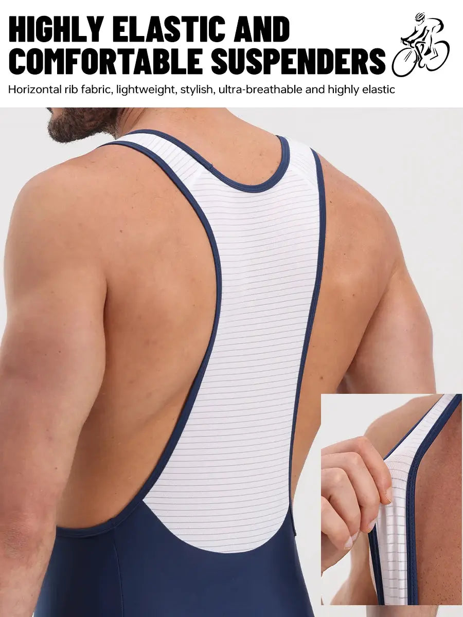 PHMAX Men's cycling bib shorts by Simples Market, white striped bib with navy trim and racerback design