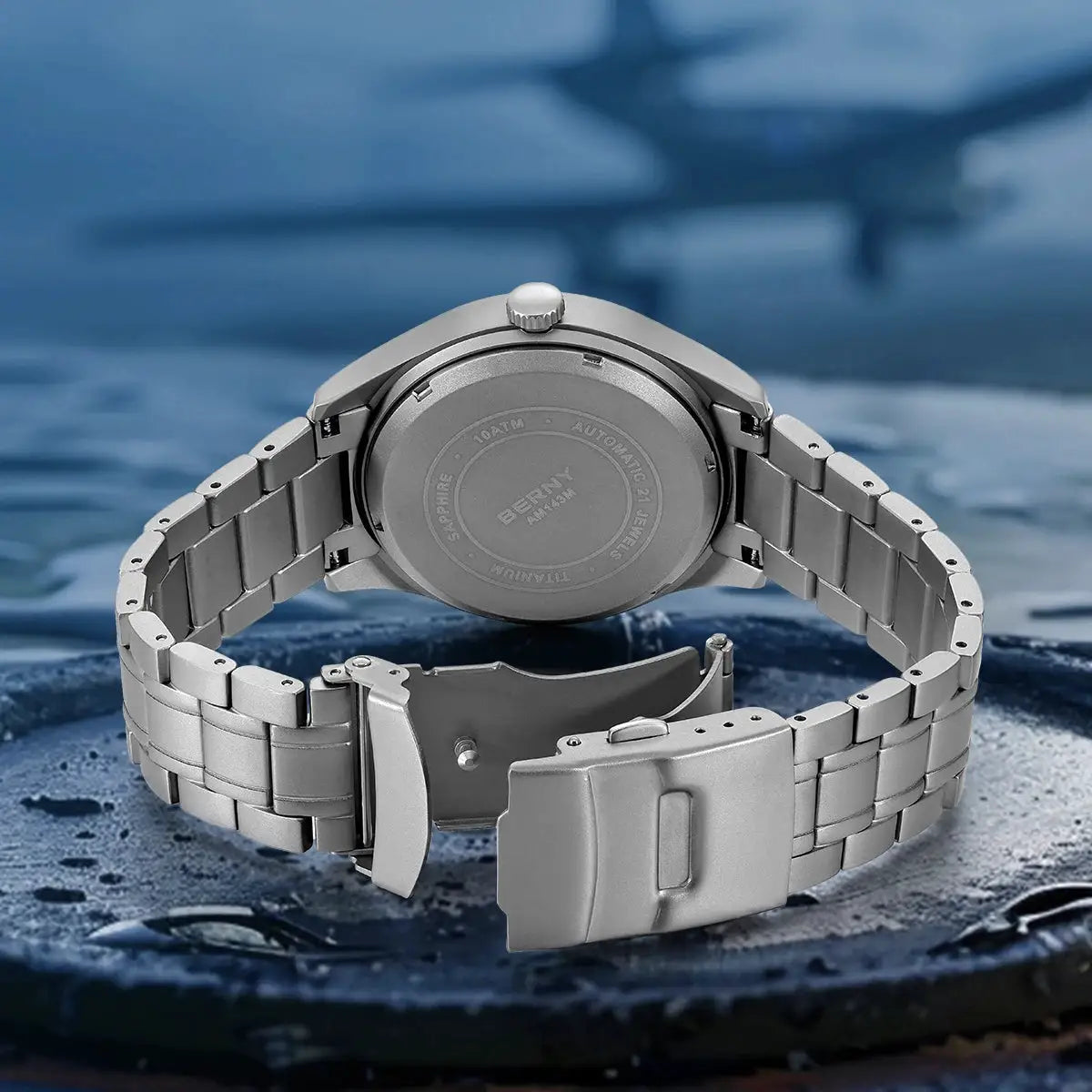 BERNY full titanium automatic men's watch with sapphire AR-coated glass and metal bracelet 10ATM