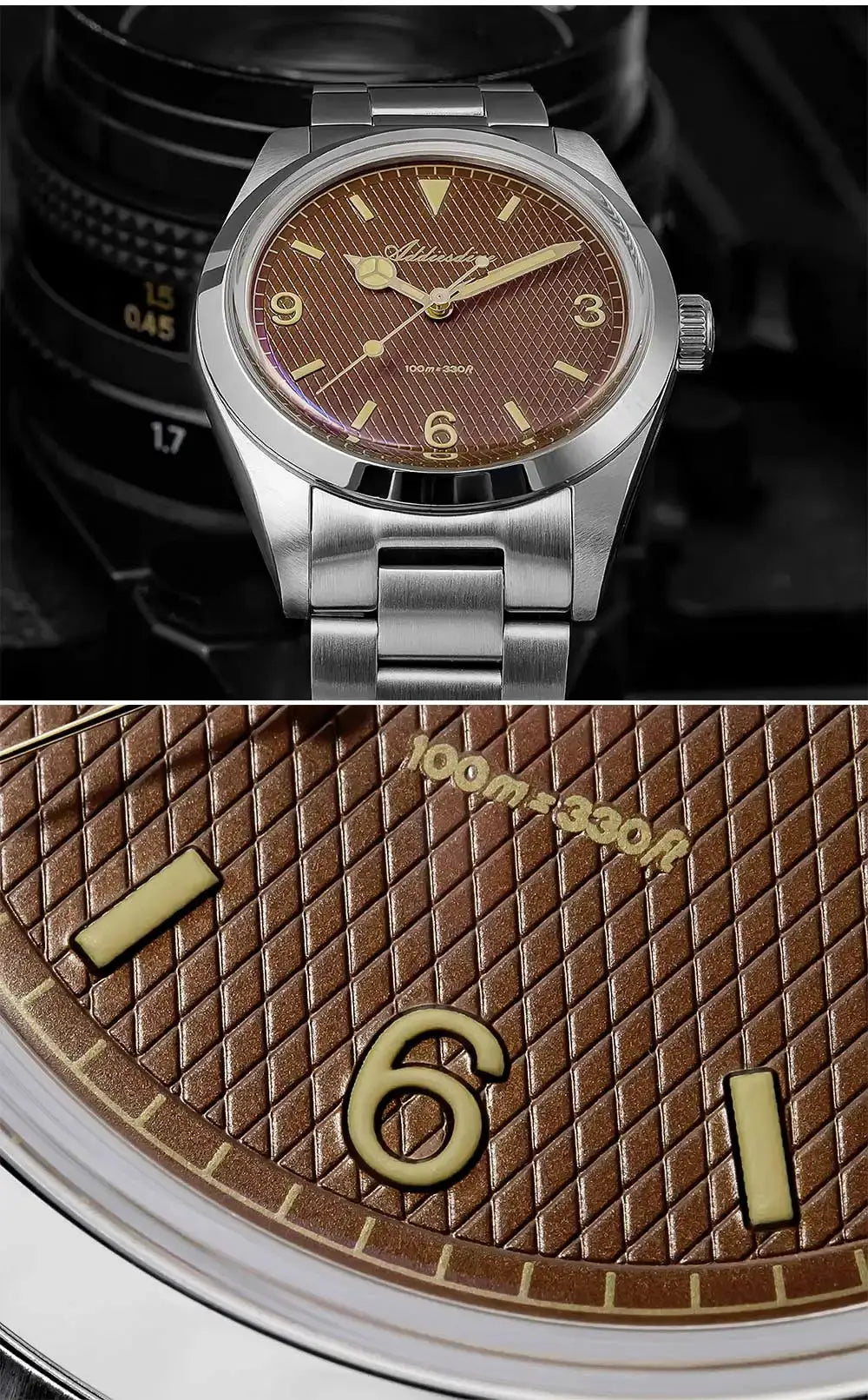 ADDIESDIVE men's analog watch with stainless steel bracelet, brown dial, luminous hands, 100m water resistance.