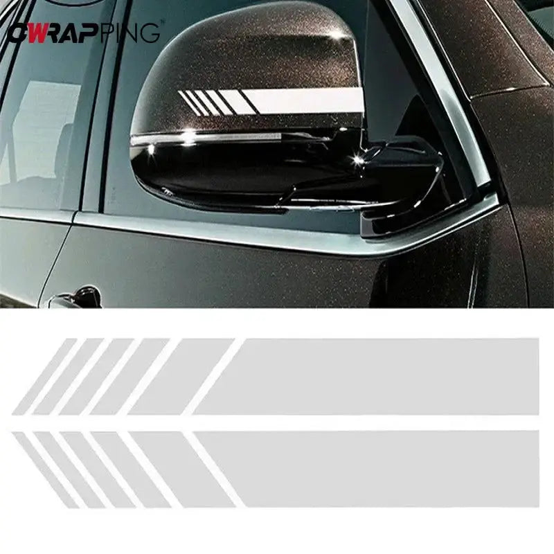 Car stripe stickers for rearview mirrors; reflective white diagonal vinyl decals, waterproof exterior car decor 2-pack