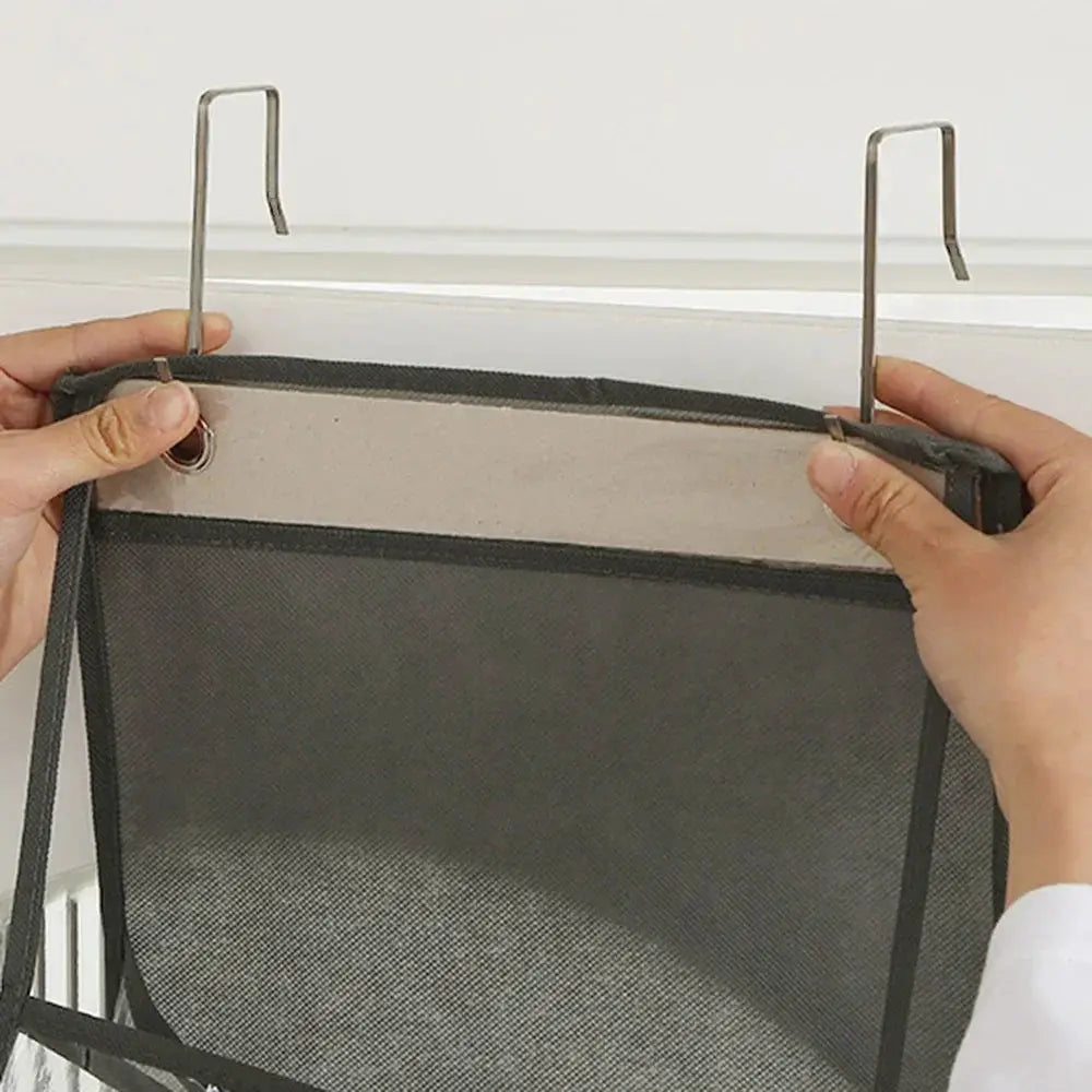 Hanging fabric storage bag organizer by Simples Market, gray mesh with metal hooks, 4/6 layers