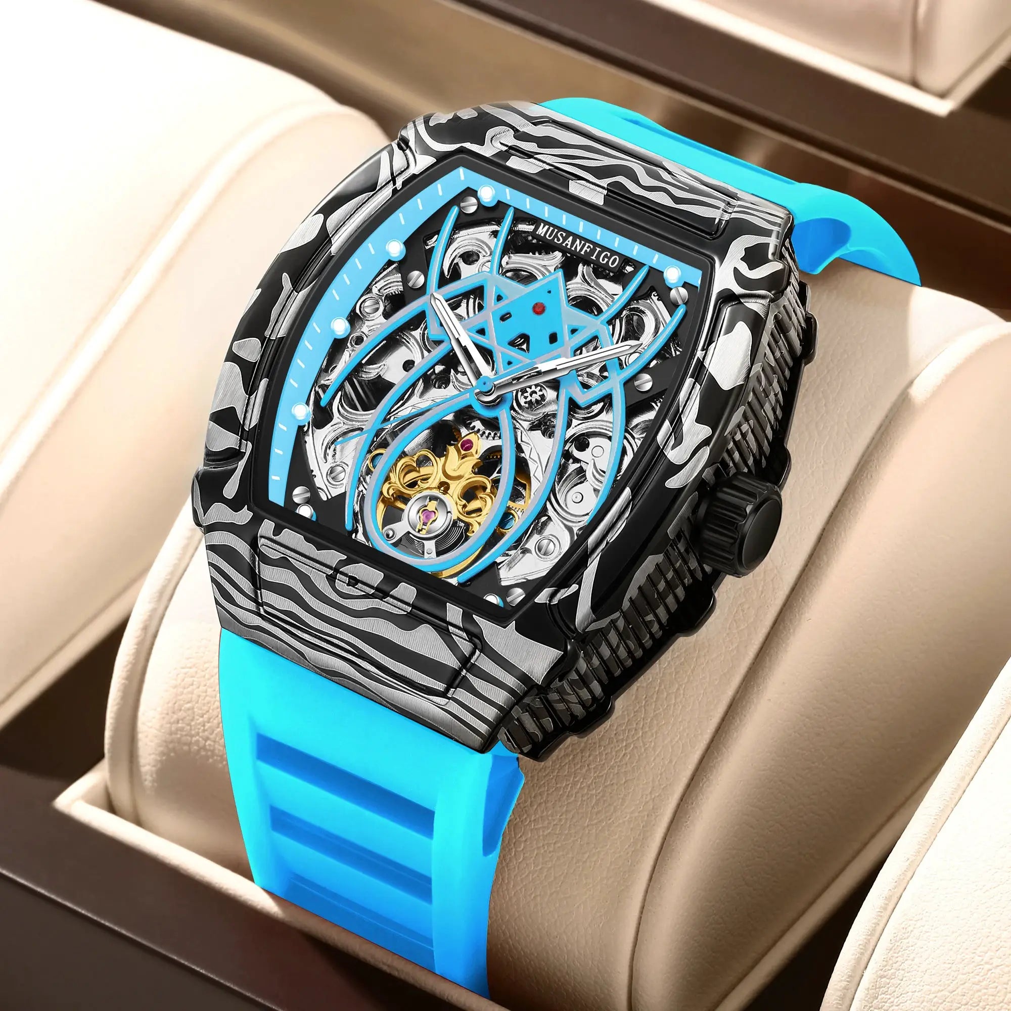 MUSANFIGO automatic hollow mechanical watch with a blue skeleton dial, camo-pattern case, and bright blue strap.