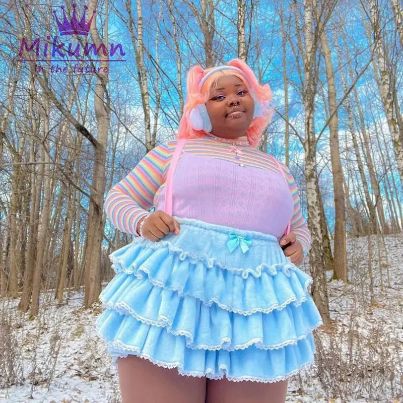 Blue tiered lantern shorts with lace trim and small bow, lolita-inspired, Simples Market