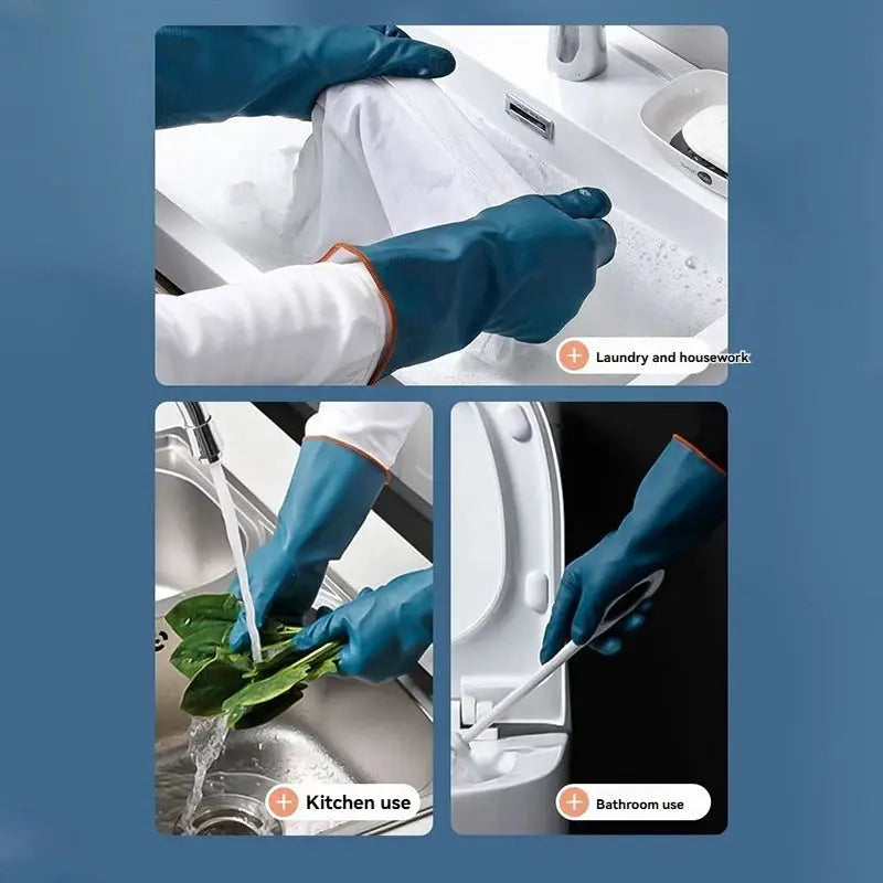 Simples Market waterproof fleece-lined cleaning gloves, blue with orange trim, 2/4 pairs for kitchen, bathroom, laundry