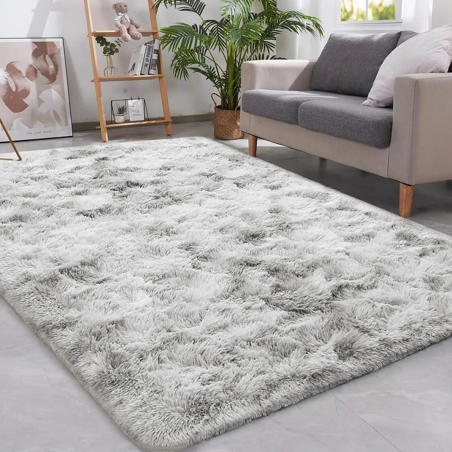 Tie-dyed dark gray shag rug for living room with fluffy plush texture