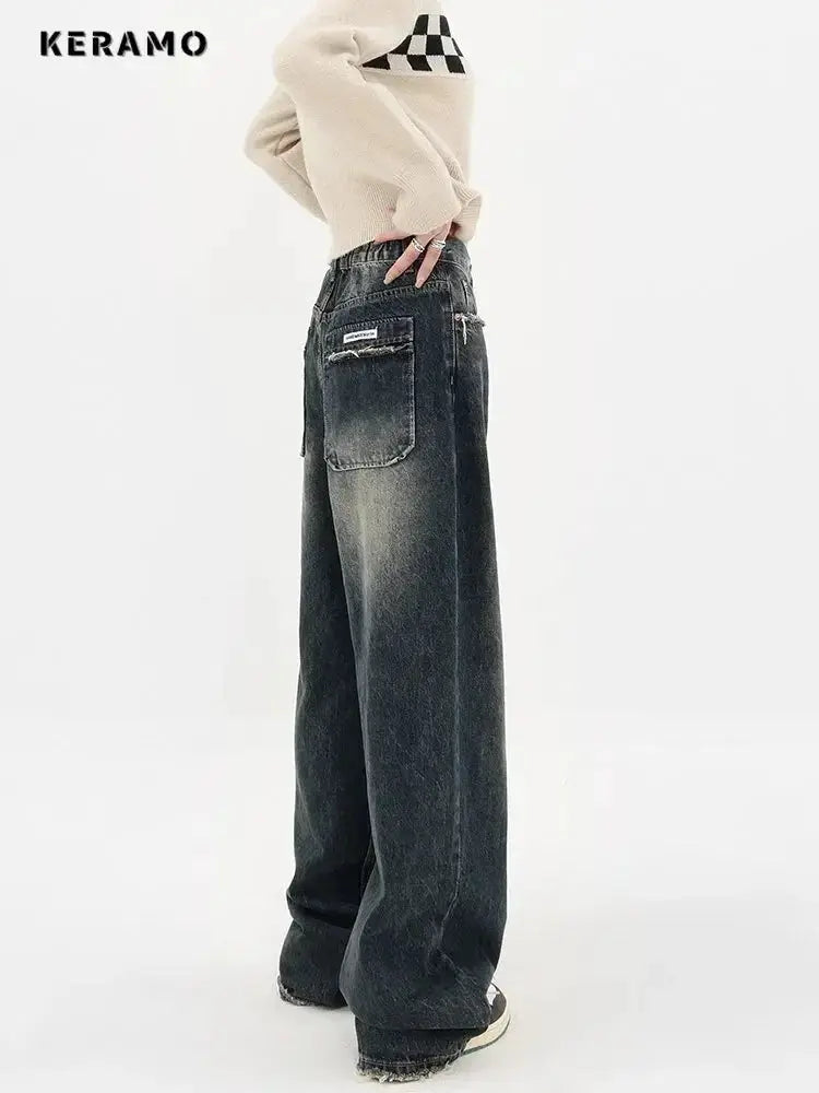 Harajuku Streetwear High Waist Jeans Loose Wide Leg Denim Trousers