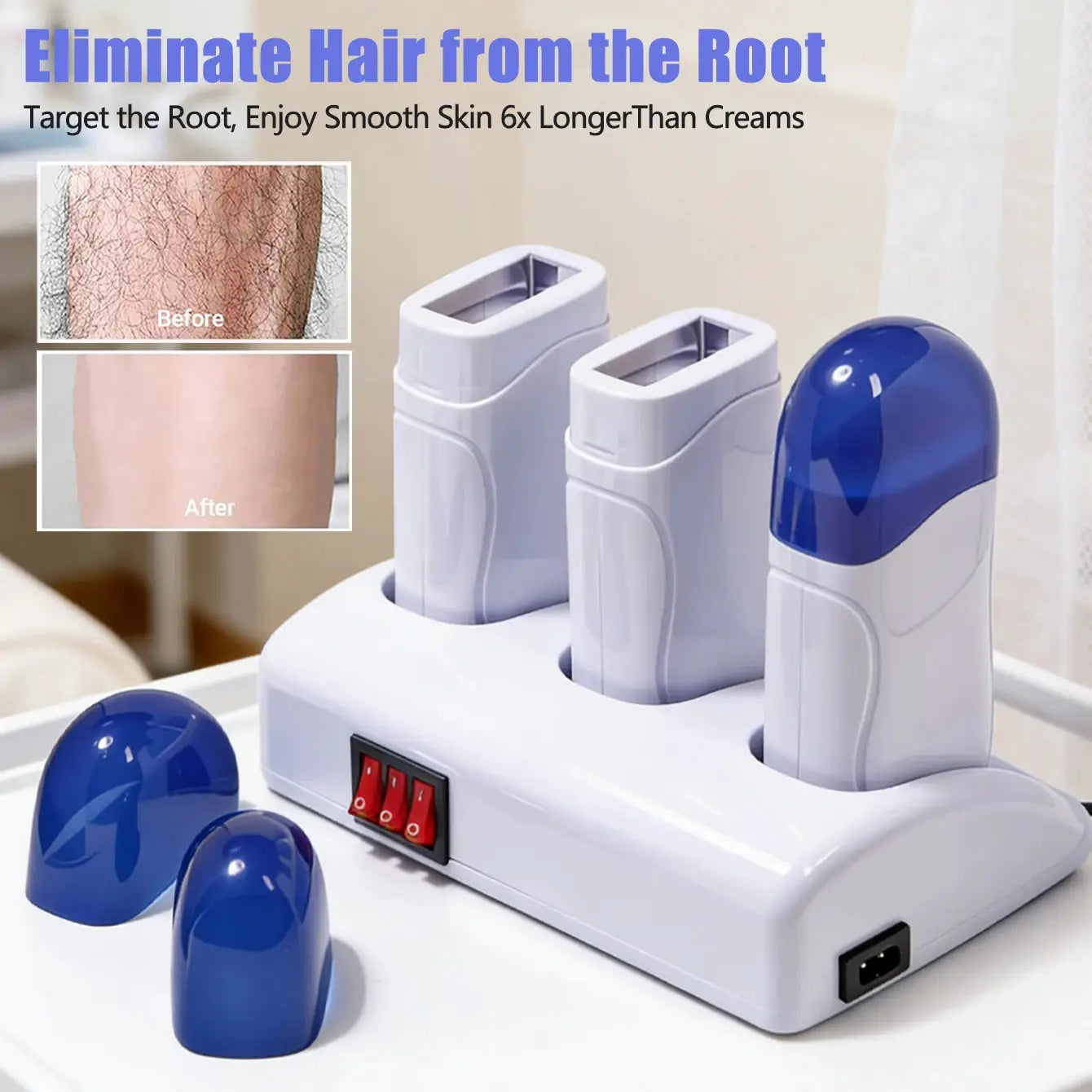 Simples Market roll-on wax warmer with three white cartridges and blue caps