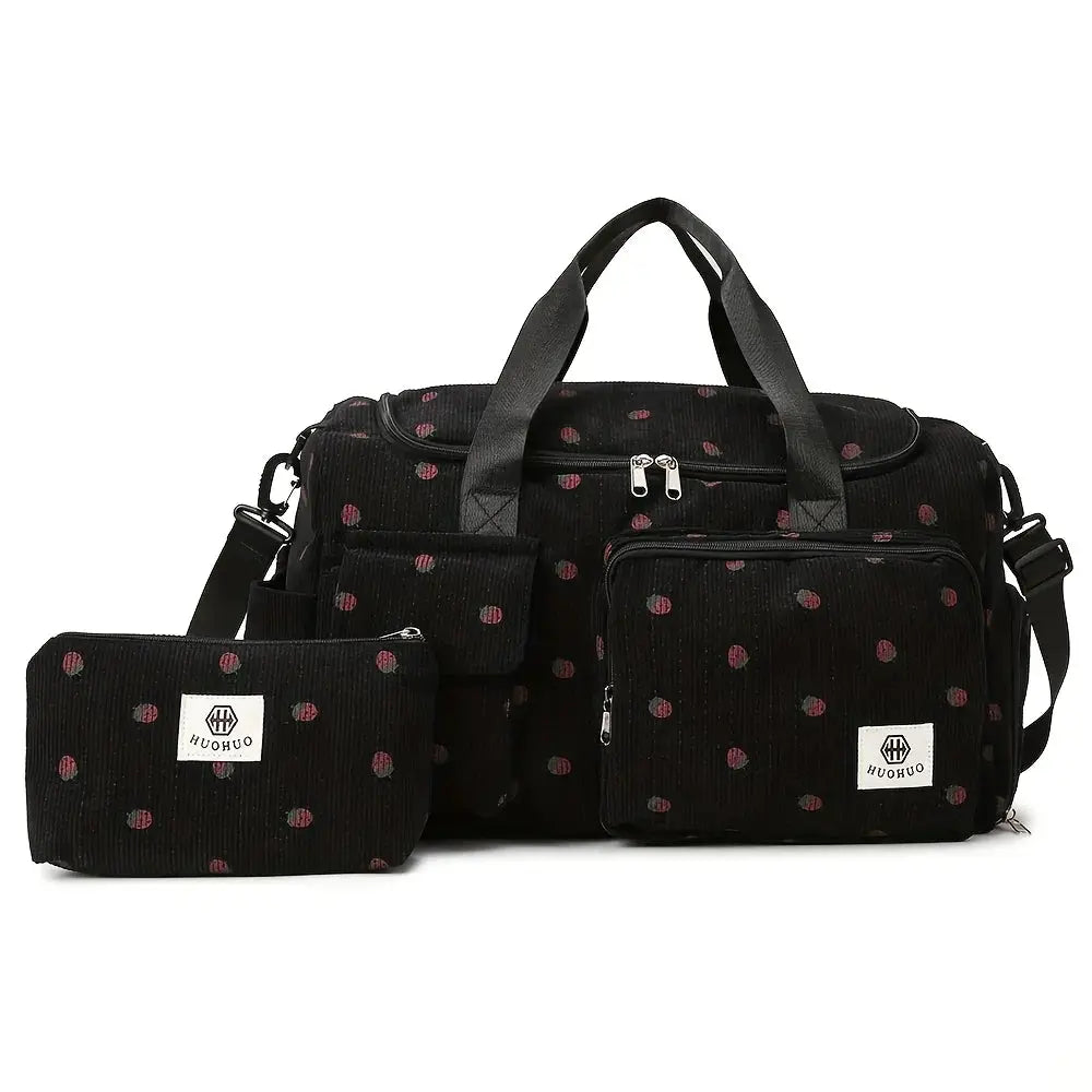 Strawberry 3-piece travel bag set in black corduroy with pink dots; large-capacity luggage bag plus two pouches, HUOHUO branding