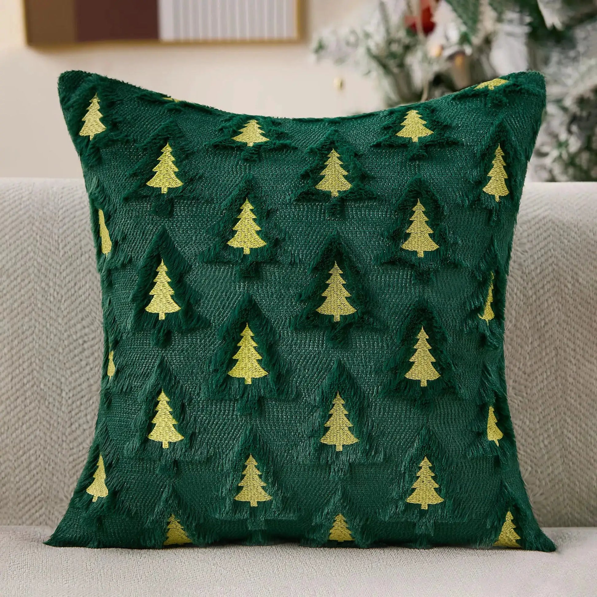 Two green Christmas tree pillow covers, 18x18, faux fur with gold tree motifs, Simples Market