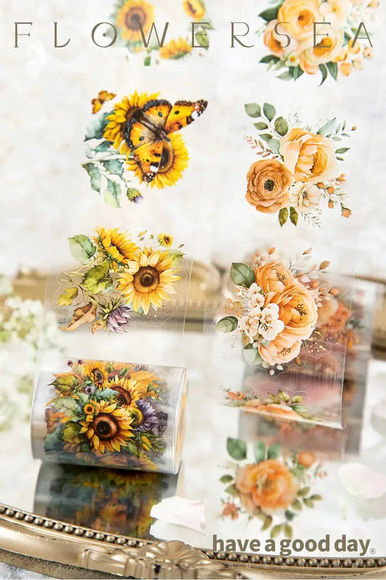 Mr.paper PET Washi Tape Flower Garden Series decorative tape set with sunflower and peach florals, by Simples Market.