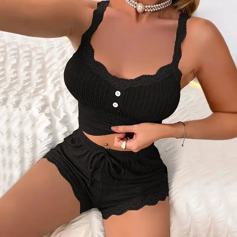 LunaLuxe Spaghetti Strap Sleepwear Set For Women Summer Knit Pajama Set With Breathable Comfort