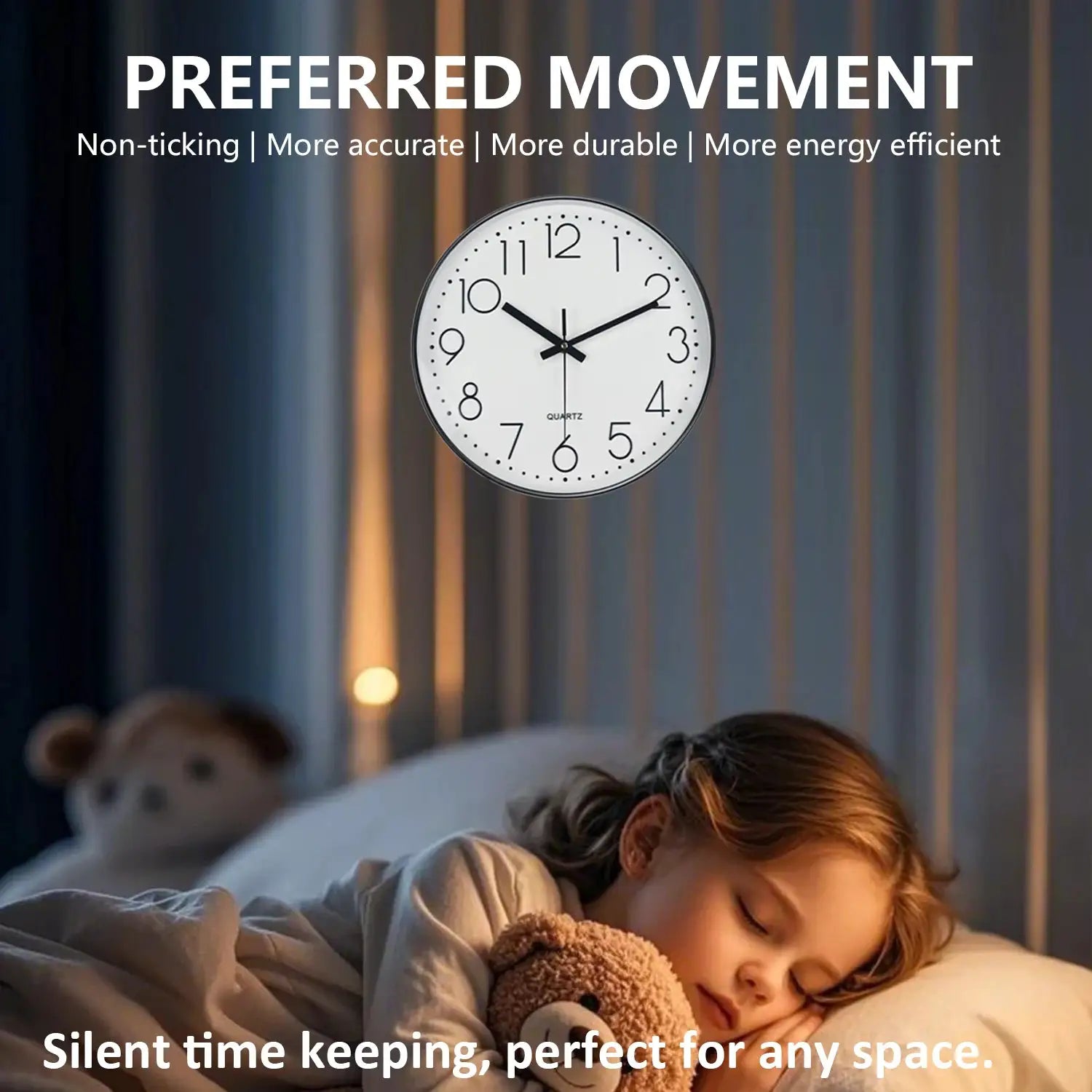 Modern minimalist wall clock with tempered glass face, white dial, and black hands; silent quartz movement.