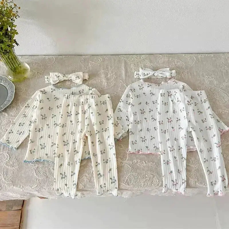 LittleLuxe Baby Floral Cotton Pajama Set With Lace Trim Long Sleeve Two Piece Sleepwear For Autumn