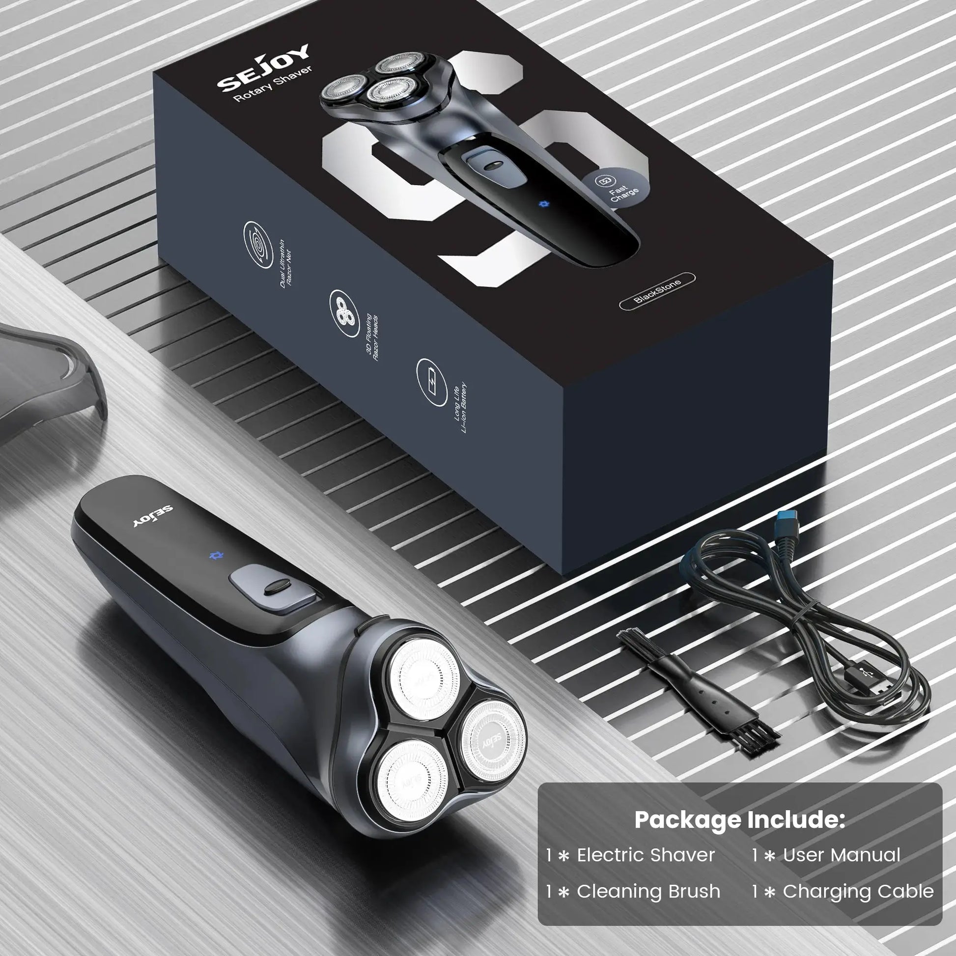 Sejoy rotary electric shaver for men in black, triple-head design; includes charger cable and cleaning brush.