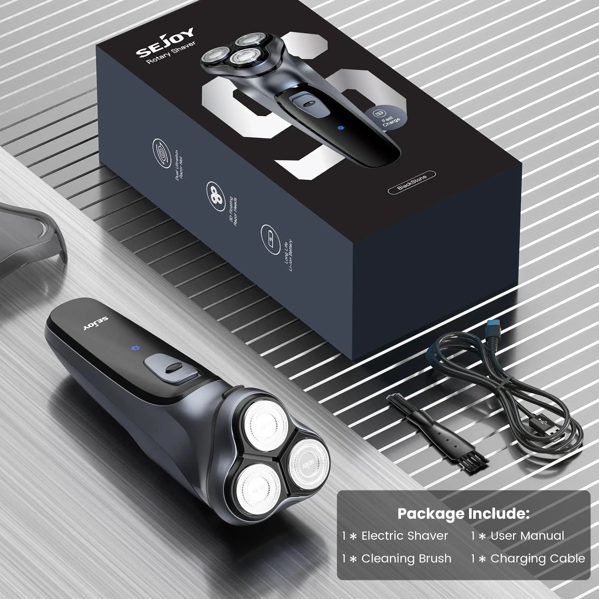 Sejoy rotary electric shaver for men in black, triple-head design; includes charger cable and cleaning brush.
