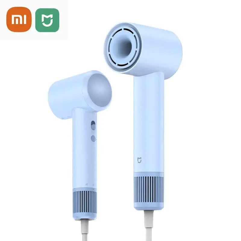 Xiaomi H501 SE hair dryer, light blue, high-speed 62 m/s wind; two corded units shown; Xiaomi logos visible.