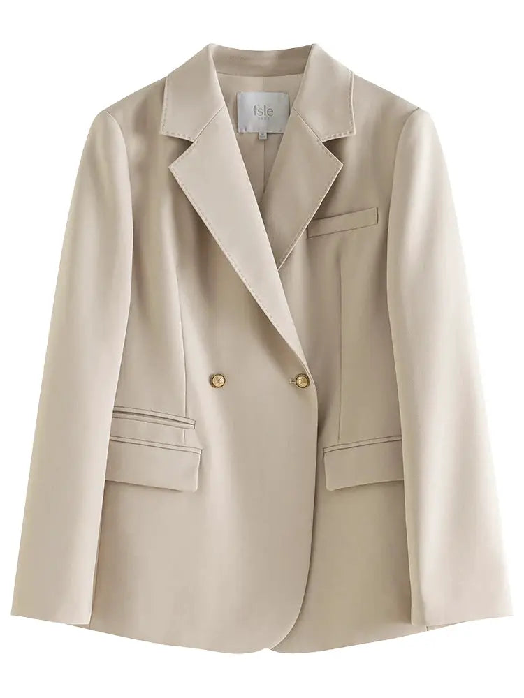 FSLE women's beige blazer with gold buttons, tailored office suit jacket
