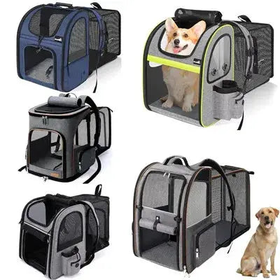 Pet carrier crates by Simples Market; five soft-sided carriers for cats and dogs in blue, gray, and black with mesh panels.