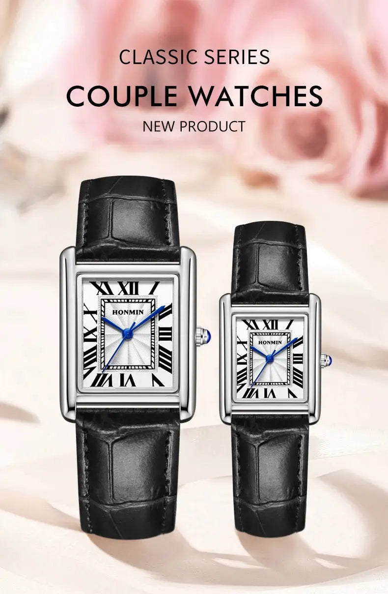 Couple watches: two silver rectangular-faced timepieces with black leather straps and blue hands, HONMIN branding.
