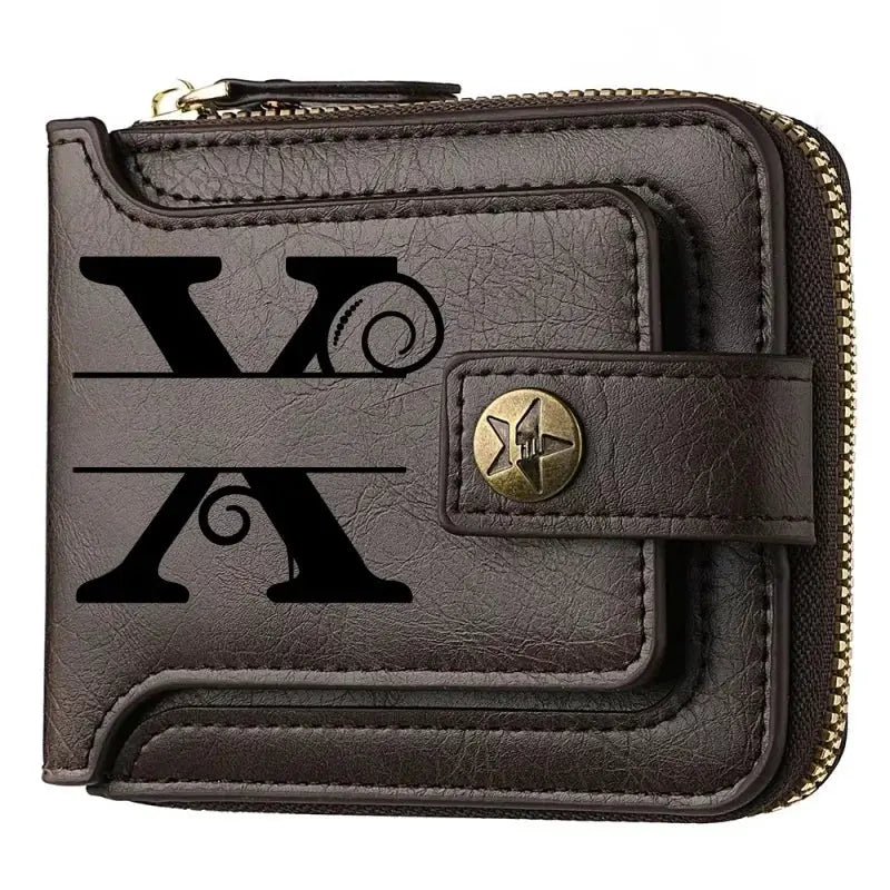 Personalized PU leather chain short wallet for man, brown with gold zipper, engraved name, Simples Market.