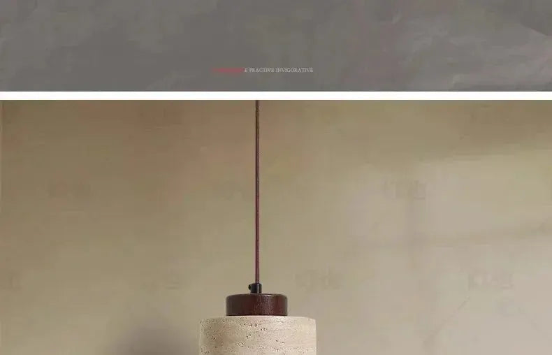Led pendant lamp with stone beige cylindrical shade, wooden top, and brown cord.