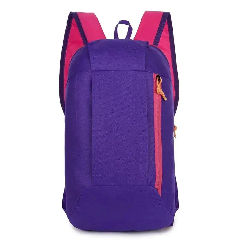 Backpack, purple outdoor lightweight men's bag with pink zipper pocket and pink shoulder straps