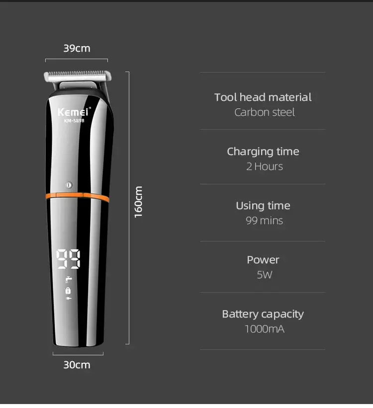 Kemei KM-5898 waterproof 11-in-1 men's grooming trimmer and shaver; black and silver with an orange accent