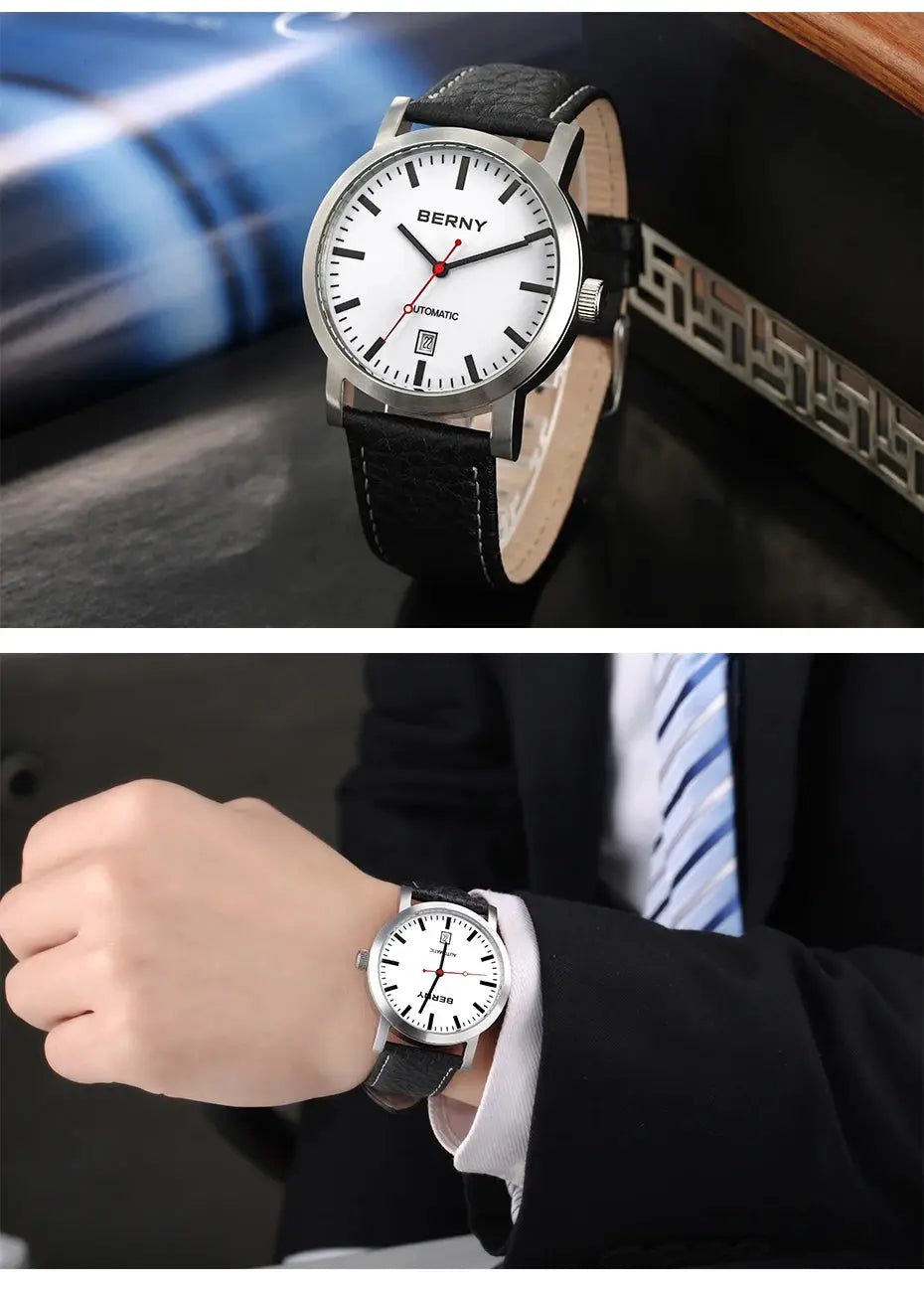 BERNY men's automatic wristwatch with white dial and black leather strap