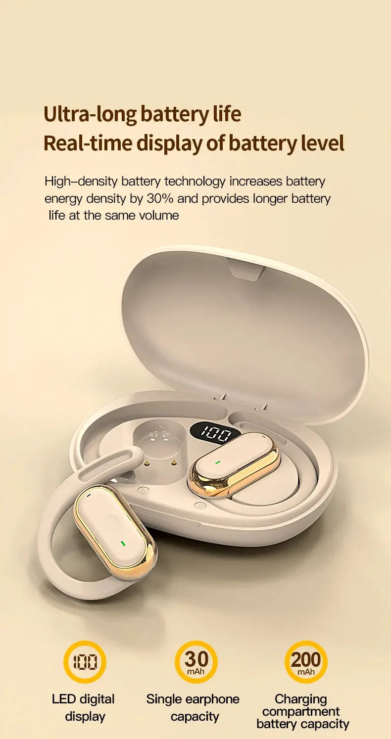 Pair of Bluetooth wireless earphones with white and gold charging case and LED battery display