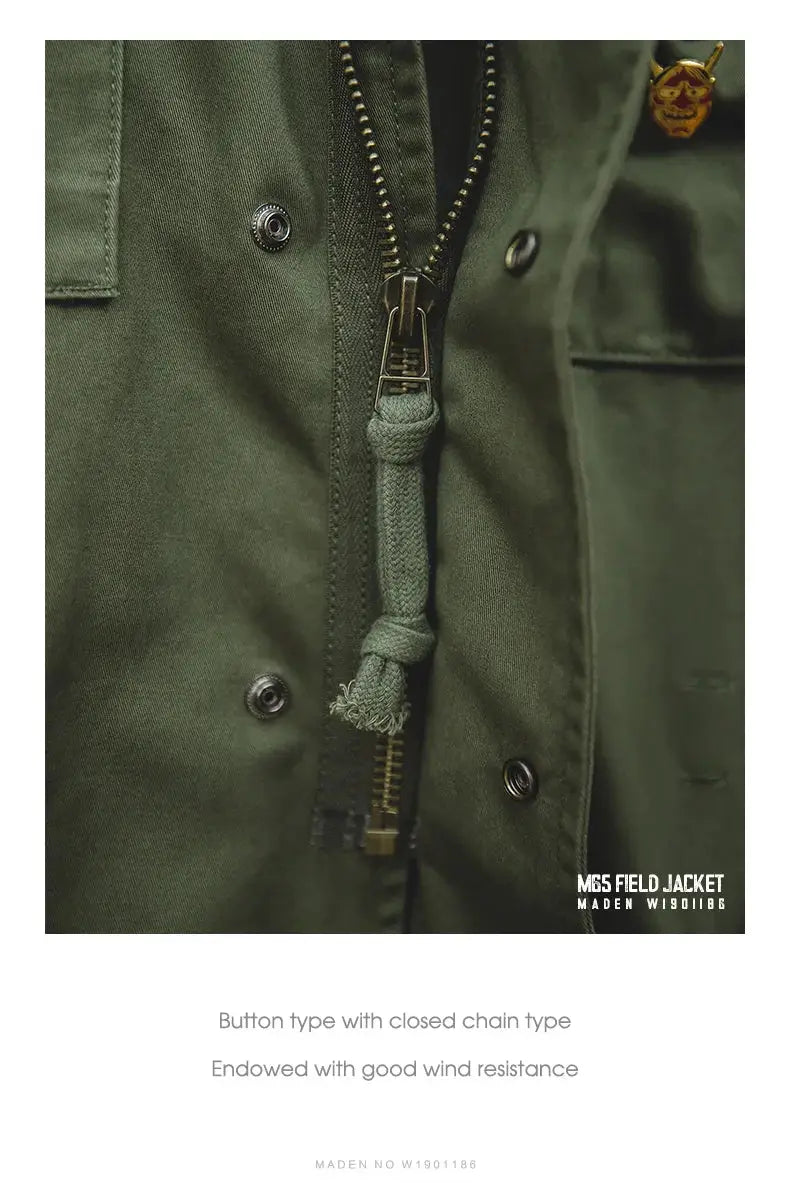 Maden M65 field jacket, green military-style windbreaker with zipper, paracord pull and pockets