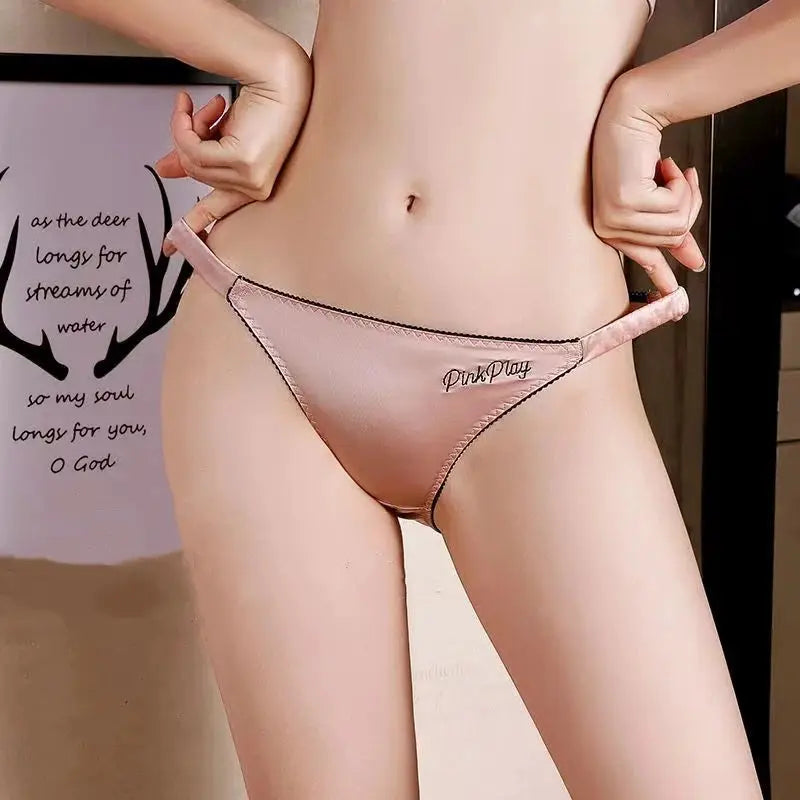 Pink satin ice silk panties with PinkPlay embroidery and elastic waistband