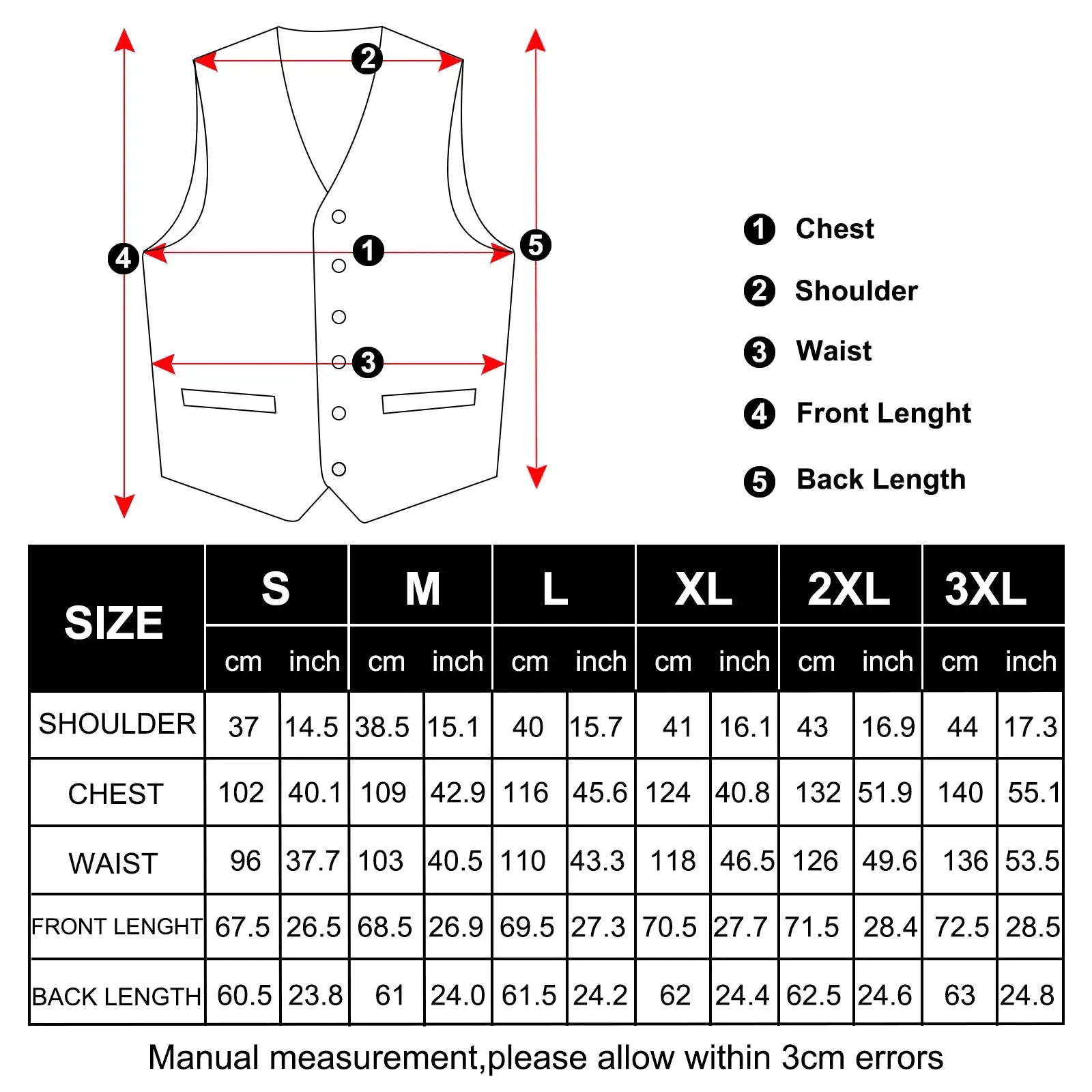 Suit vest for men, black paisley jacquard waistcoat with necktie; measurement diagram and size chart.