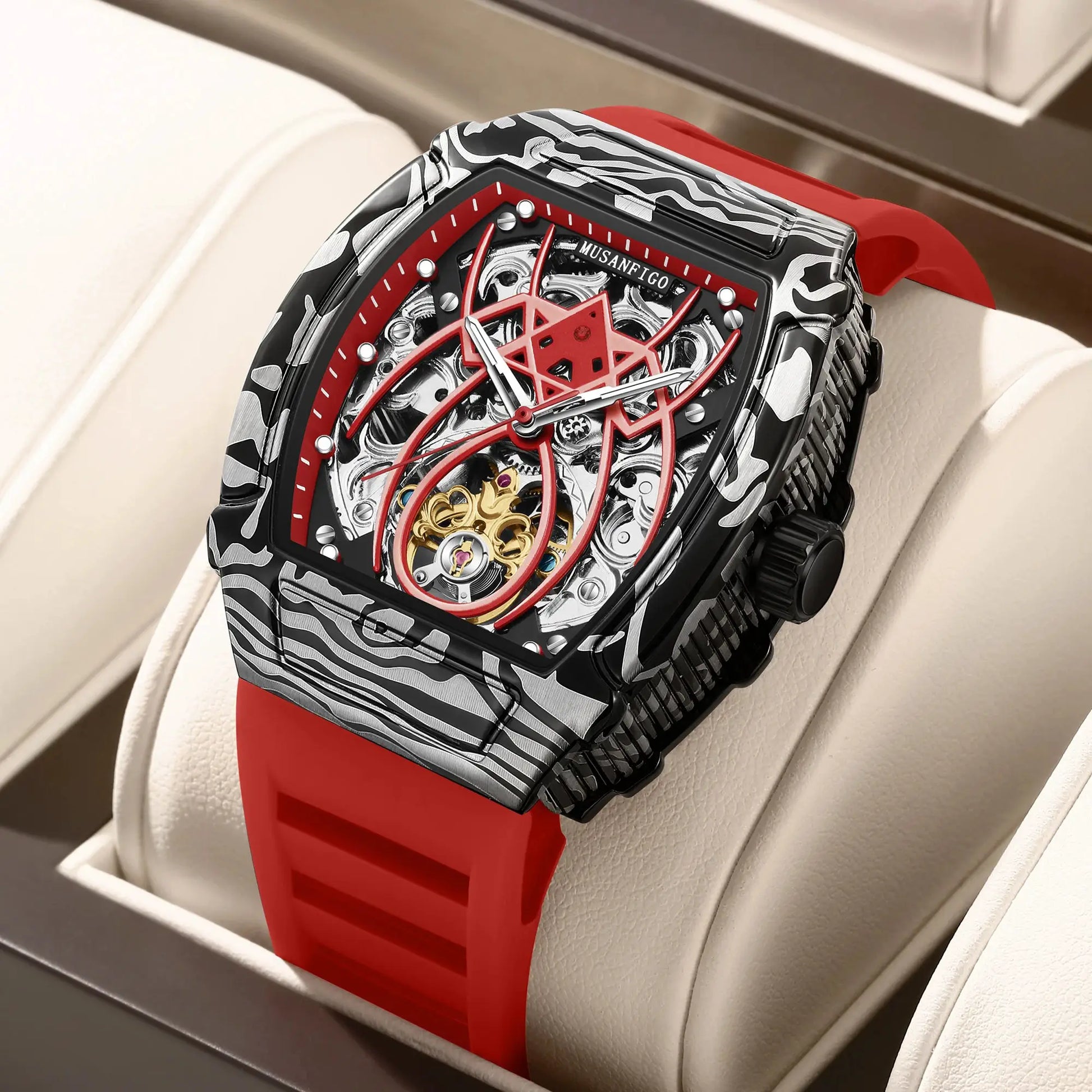 MUSANFIGO automatic hollow mechanical watch with red silicone strap and camo-pattern barrel case