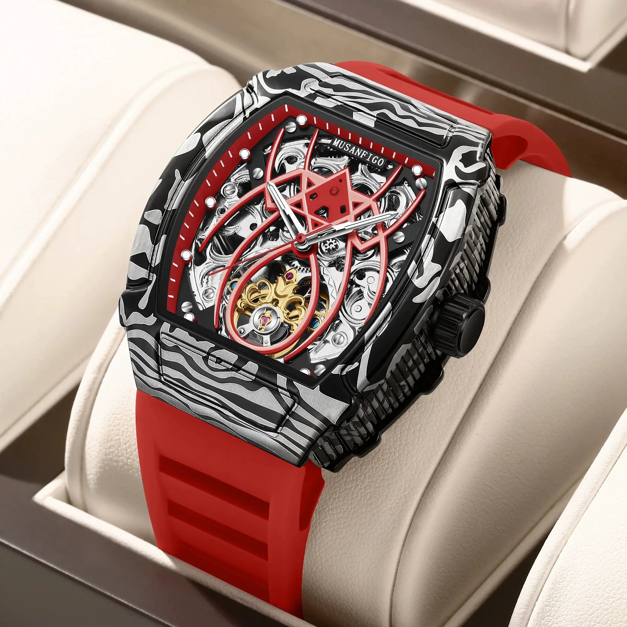 MUSANFIGO automatic hollow mechanical watch with red silicone strap and camo-pattern barrel case