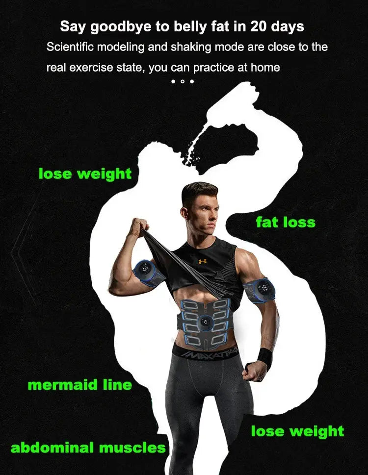Simples Market USB rechargeable abdominal muscle trainer belt with black and blue EMS pads.