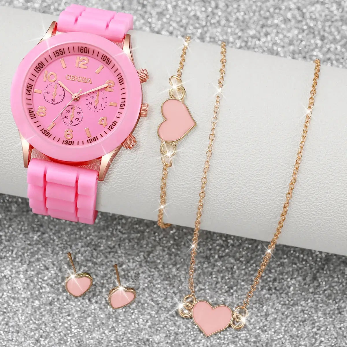 Pink silicone-band Geneva quartz women's watch with pink heart jewelry set: necklace, bracelet, earrings