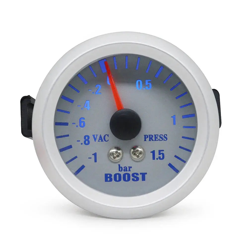 Dragon Gauge 52mm LED boost gauge with white bezel and blue numerals.
