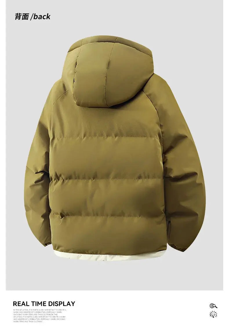 Men's olive puffer hooded jacket by Simples Market; thick warm down-style parka, back view