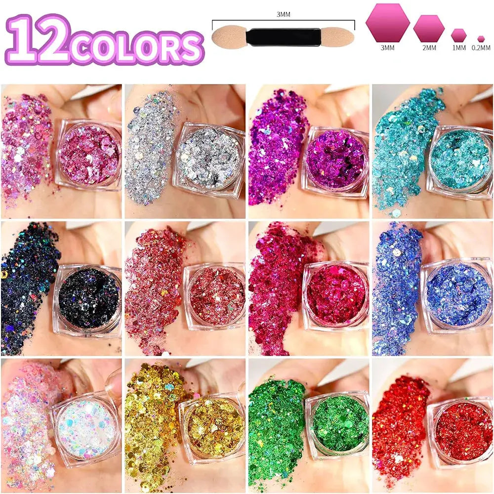 NovaGlow 12 Color Face and Body Glitter Gel with Holographic Sequins for Festivals Parties and Prom Night