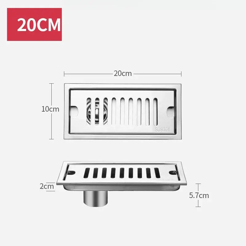 Long rectangular bathroom floor drain, stainless steel 304, anti-odor, by Simples Market, 20 cm x 10 cm.