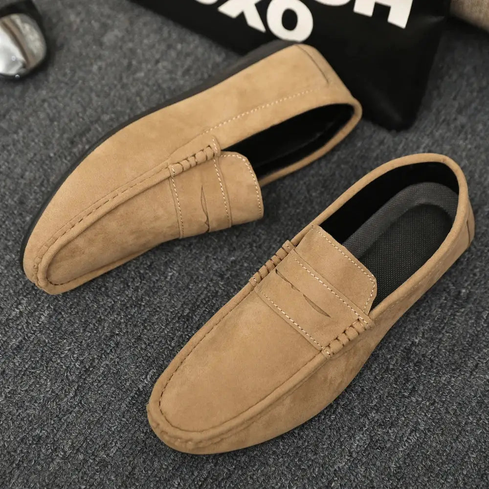 Men's tan suede driving loafers, casual slip-on work shoes