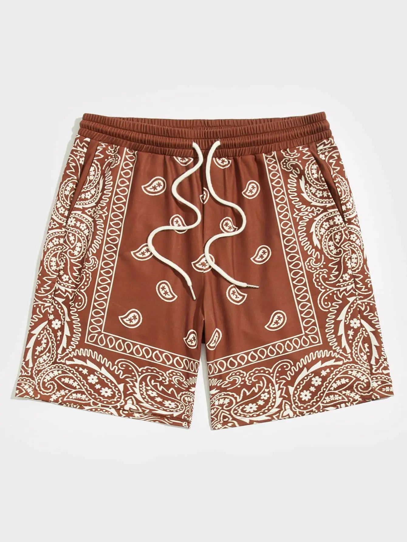 Trend Bandana graphic men's brown paisley beach shorts with white drawstring, Simples Market