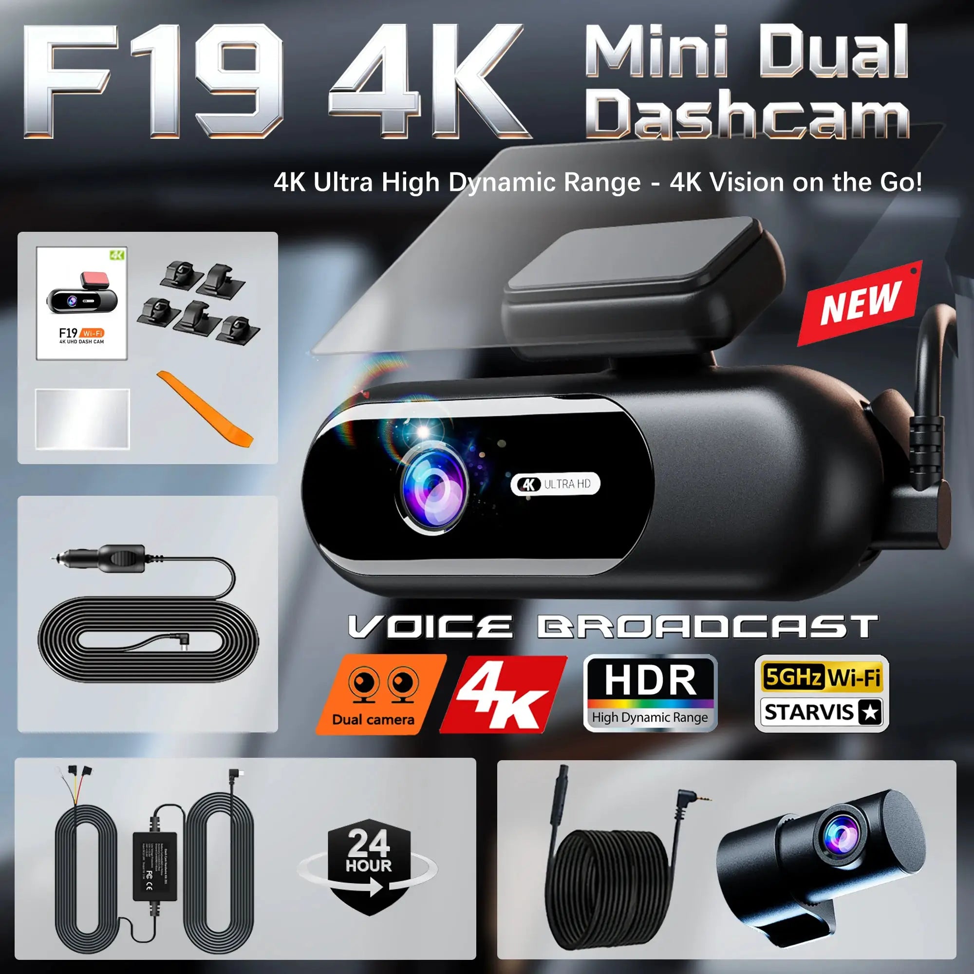 Dash cam F19 4K UHD dual front-rear car camera by Simples Market with built-in Wi‑Fi