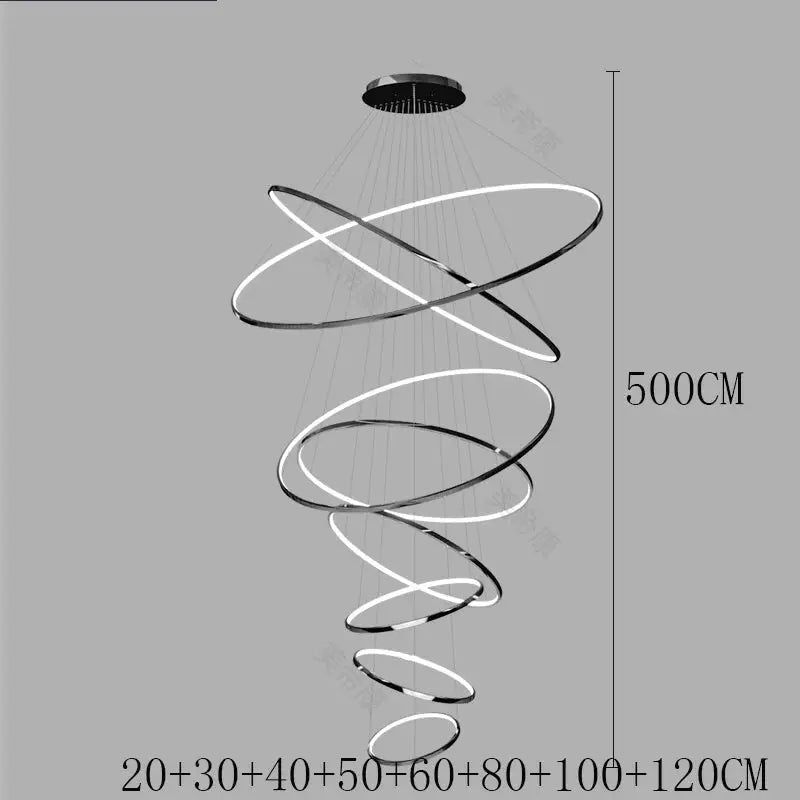 Spiral LED pendant light chandelier with glowing white rings, modern hanging ceiling fixture