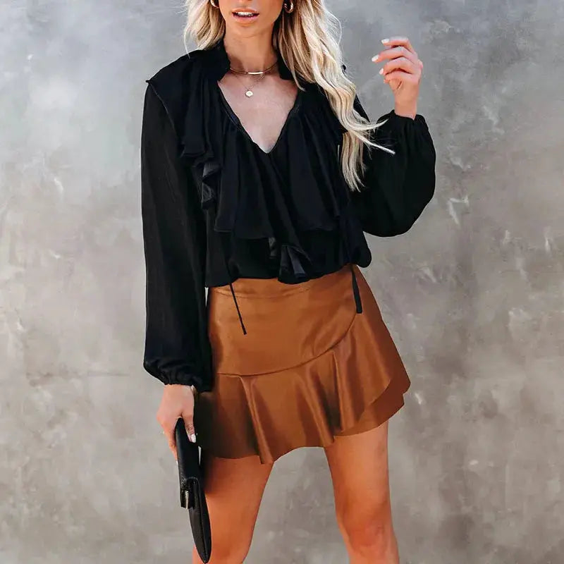 Women PU leather mini skirt in brown with elastic high waist and layered ruffle hem