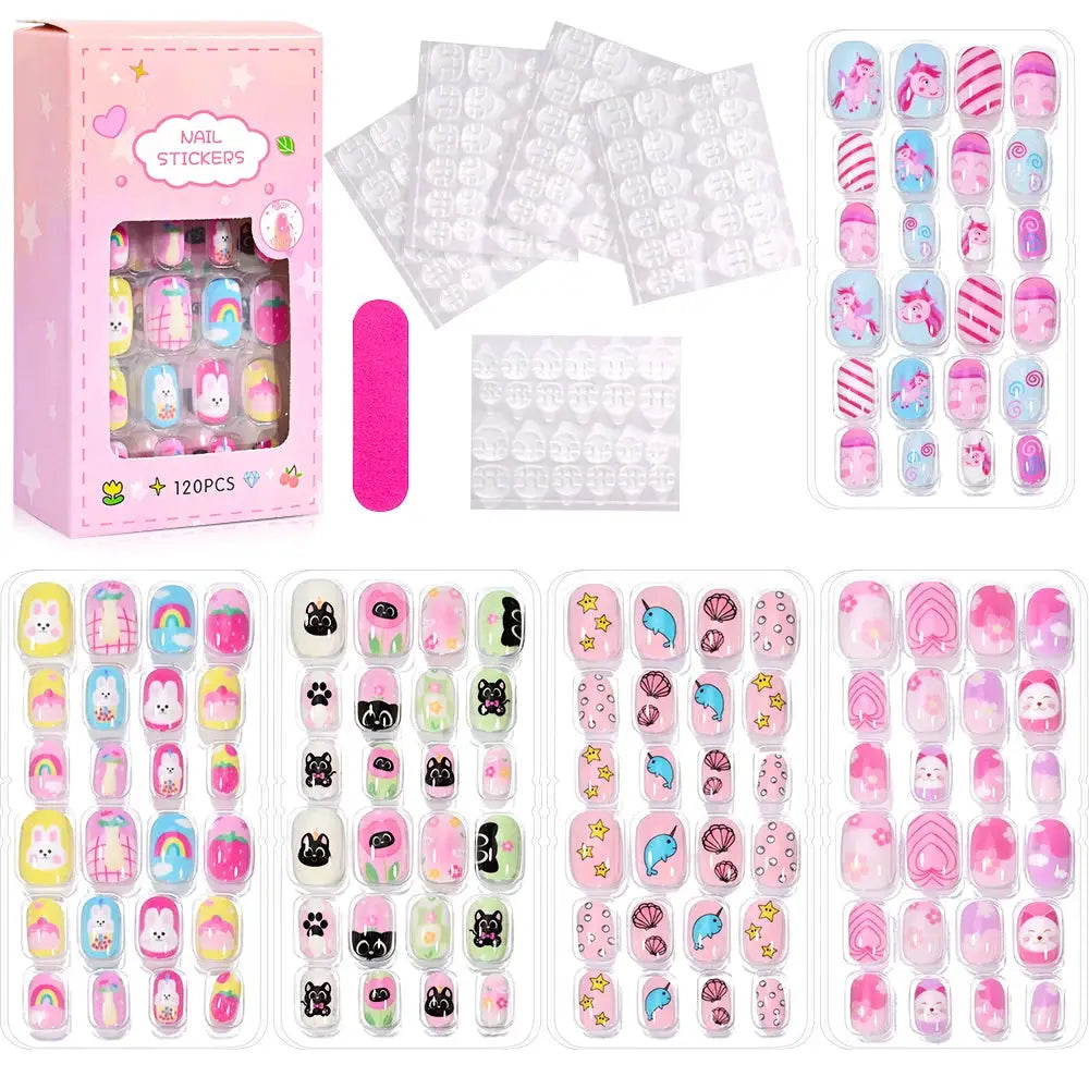 KawaiiKidz Kids Cartoon Press On Nails Acrylic Full Cover Short False Nails Safe Easy To Apply Jelly Glue 120Pcs