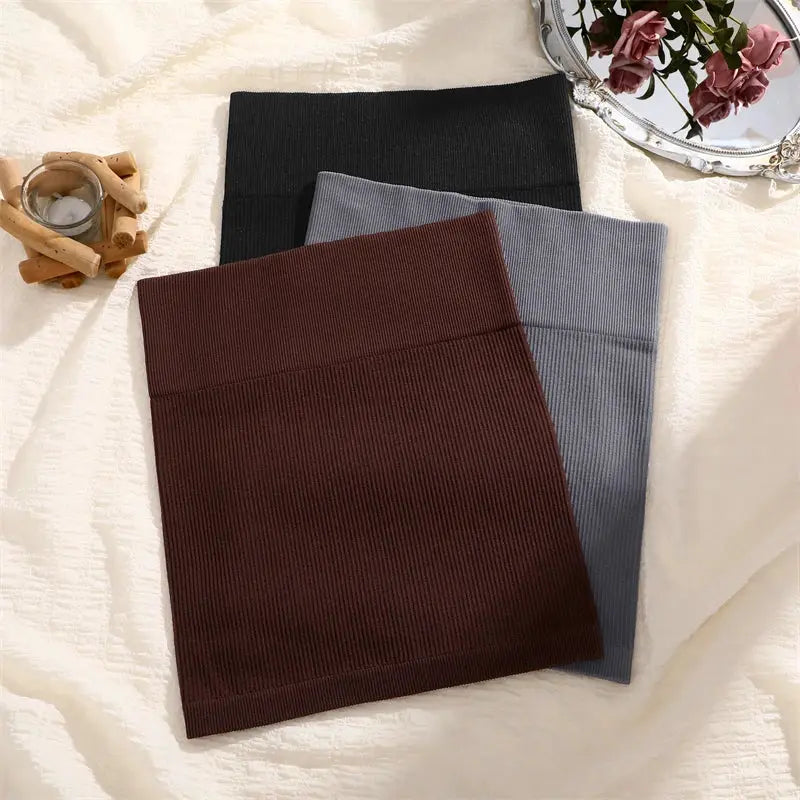 Women ribbed high-waist mini skirts (3-pack): brown, gray, and black, soft stretchy fabric.